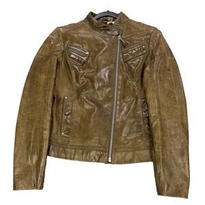 Laundry by Shelli Segal Moto Jacket Women M Green Leather Full Zip‎ Zip Pockets